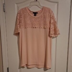 Adrianna Papell Peach Lace Yoke Short Sleeve Tee
